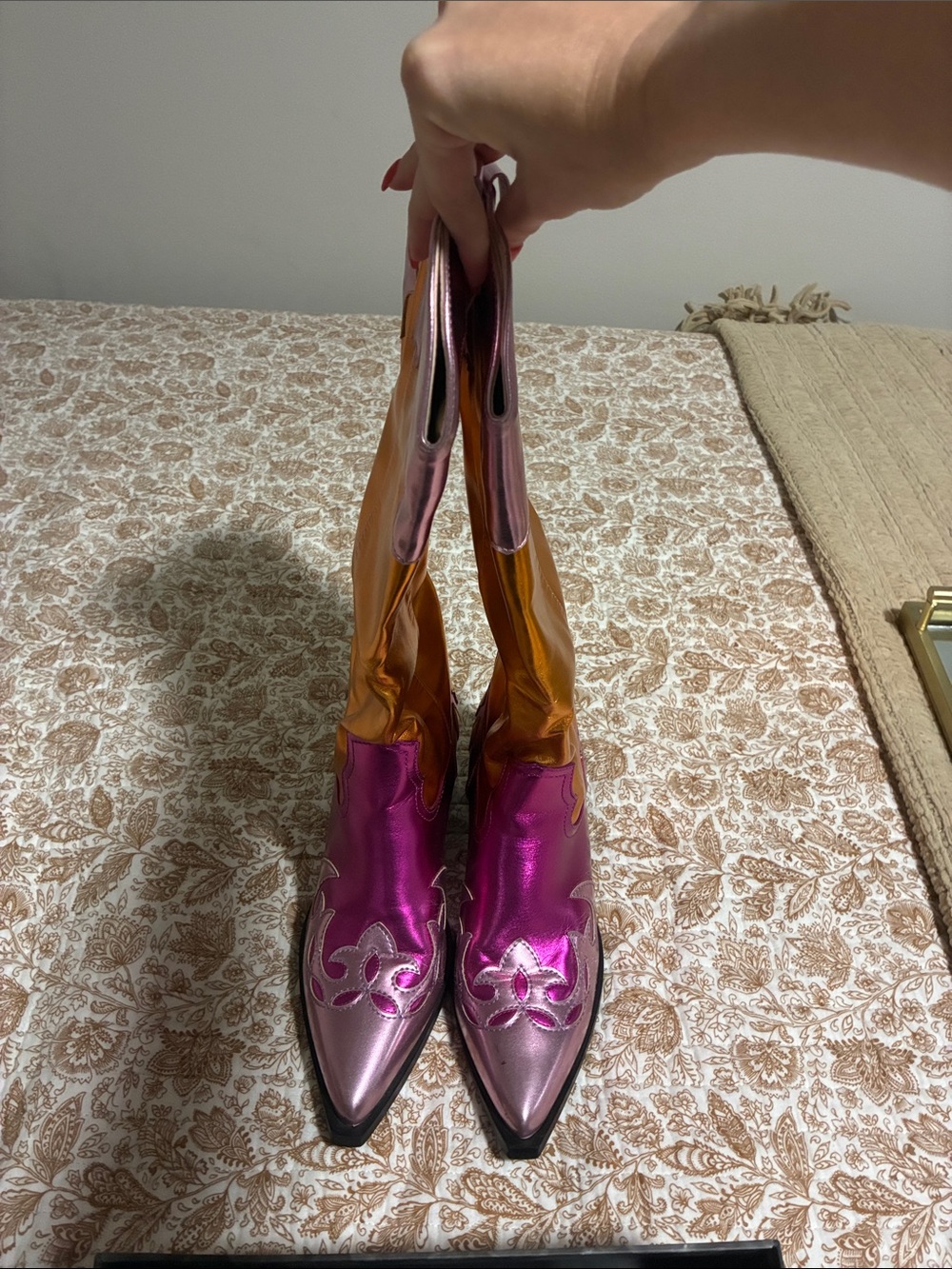 Metallic Pink and Gold Pointed-Toe Heeled Boots